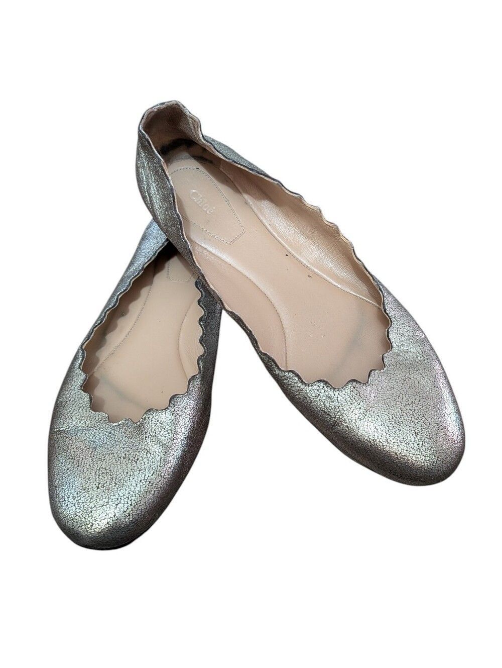 Chloe Gold Metallic Scalloped Edge Leather Ballet Flats Size 38